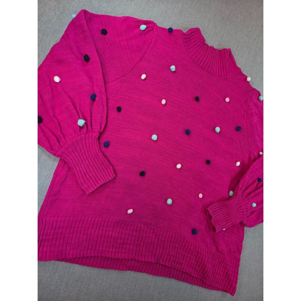 Crown & Ivy Women’s 2X Fuchsia Pink Pom Pom Sweater Balloon Sleeve Mock Neck